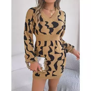 Новое осенне-зимнее платье-свитер контрастного цвета с v-образным вырезом и длинными рукавами, облегающее талию S коричневый