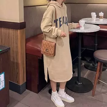 Новое осенне-зимнее платье-свитшот Fat MM Lazy Style Loose and Slim Plus из толстого бархата с капюшоном выше колена для женщин One size