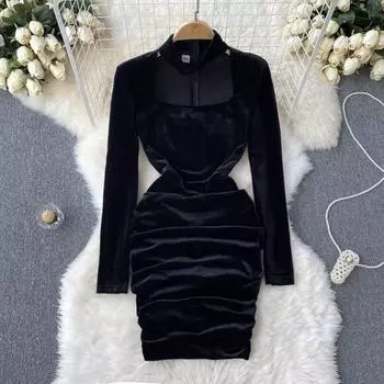 Новое осенне-зимнее плиссированное бархатное платье знаменитостей с глубоким вырезом и квадратным вырезом, длинными рукавами и длинным абзацем