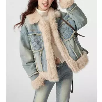 Новое осенне-зимнее повседневное универсальное свободное джинсовое пальто со звездным карманом и грубой кромкой, утолщенное женское пальто S