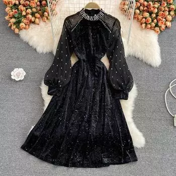 Новое осенне-зимнее супер сказочное элегантное платье с шифоновым воротником и блестками из бисера и бархата S чёрный
