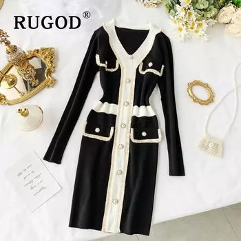 Новое осенне-зимнее темпераментное вязаное платье с v-образным вырезом и высокой талией, свитер с цветными блоками, Vestidos one size чёрный