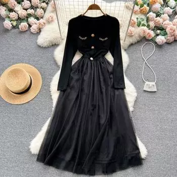 Новое осенне-зимнее темпераментное вязаное сетчатое платье в стиле Хепберн во французском стиле для чаепития