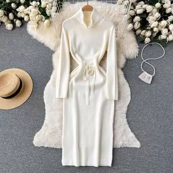 Новое осенне-зимнее тонкое трикотажное платье длиной до колена с длинными рукавами и легким ветром