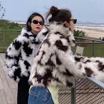 Новое осенне-зимнее утепленное полупальто женское легкое в иностранном стиле модное леопардовое пальто из овечьей шерсти с имитацией меха One size чёрный