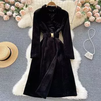 Новое осенне-зимнее утолщенное золотое бархатное легкое роскошное тонкое платье средней длины с тонкой талией для пожилых людей