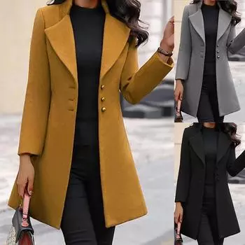 Новое осенне-зимнее женское элегантное шерстяное пальто средней длины в стиле ретро с лацканами, модное тонкое и теплое однотонное шерстяное пальто, зимнее пальто
