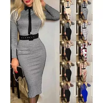 Новое осенне-зимнее женское платье с принтом, платье на бедрах с запахом, модное облегающее платье средней длины с длинными рукавами, повседневное вечернее платье S