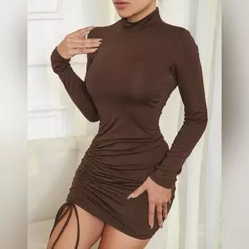 Новое осенне-зимнее женское полулетнее сексуальное платье с высоким воротом, длинными рукавами, завязками на бедрах и юбкой XS