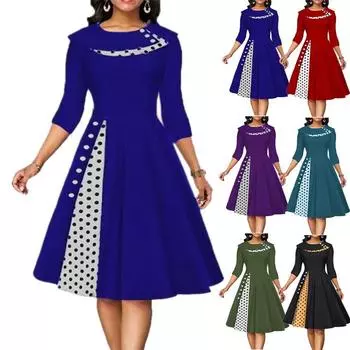 Новое осенне-зимнее женское ретро-платье в горошек с застежкой на талию и свободным кроем S чёрный