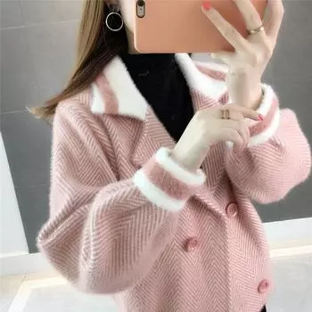 Новое осеннее бархатное пальто из искусственной норки, женское короткое сетчатое красное супер огненное пальто, маленький кардиган, женский толстый свободный L чёрный