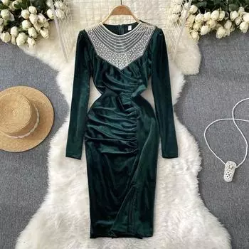 Новое осеннее бархатное платье с длинными рукавами из плотной сетки и бисера