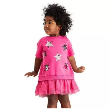 Новое осеннее хлопковое сетчатое платье с вышивкой из мультфильма и блестками для девочек 90CM