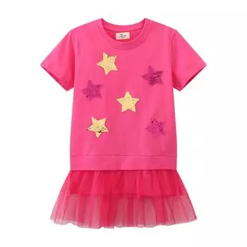 Новое осеннее хлопковое вышитое сетчатое платье с пайетками из мультфильмов для девочек 110-120cm