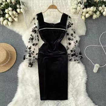 Новое осеннее и зимнее французское сетчатое платье средней длины с квадратным вырезом и золотым бархатом средней длины с открытой упаковкой