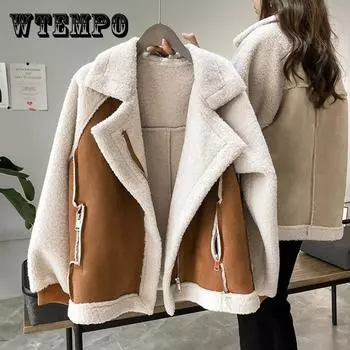 Новое осеннее и зимнее пальто, женская свободная замшевая короткая бархатная мотоциклетная куртка из ягненка S хаки