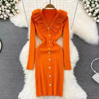 Новое осеннее и зимнее темпераментное ретро-платье с v-образным вырезом и оборками, тонкое вязаное платье на бедрах One Size чёрный