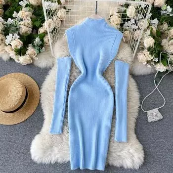 Новое осеннее и зимнее тонкое облегающее длинное облегающее платье с рукавами до бедра и рукавами