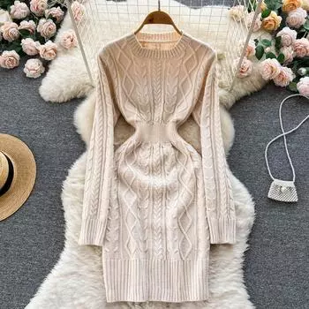 Новое осеннее и зимнее трикотажное платье средней длины с закрученной талией и тонким дном