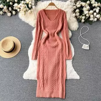 Новое осеннее и зимнее трикотажное платье с v-образным вырезом и крутым плетением, утягивающее талию, с длинными рукавами и открытыми бедрами