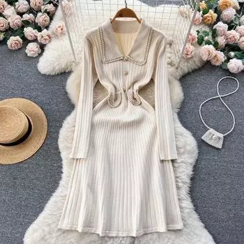 Новое осеннее и зимнее трикотажное платье с тонкой талией и лацканами во французском стиле, тонкое сказочное платье