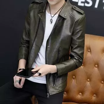 Новое осеннее кожаное пальто, мужское трендовое мотоциклетное пальто, облегающее плюшевое молодежное кожаное пальто, красивая осенне-зимняя куртка-поло с воротником-поло Shan M