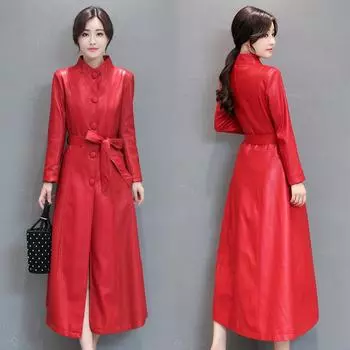 Новое осеннее кожаное пальто, женская удлиненная кожаная ветровка с воротником-стойкой, облегающее женское корейское кожаное пальто 5XL