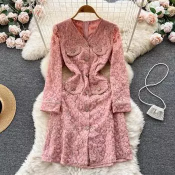 Новое осеннее кружевное облегающее жаккардовое платье трапециевидной формы средней длины во французском стиле с v-образным вырезом и талией в стиле ретро