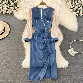 Новое осеннее модное женское джинсовое платье с v-образным вырезом и длинными рукавами и нерегулярным разрезом на талии M синий