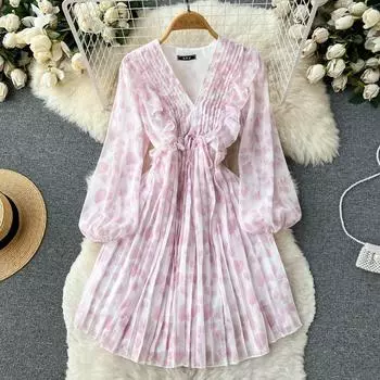 Новое осеннее нежное французское чайное плиссированное платье феи с разрывом талии и v-образным вырезом с объемными рукавами и цветочным принтом