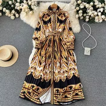 Новое осеннее однобортное плиссированное платье с принтом в европейском и американском стиле в стиле ретро