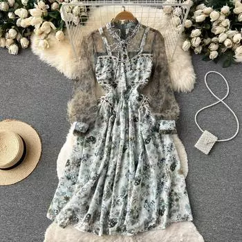 Новое осеннее платье феи средней длины в стиле ретро с сетчатым кружевным принтом и цветочным принтом