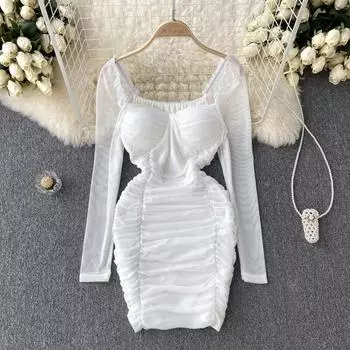 Новое осеннее платье Pure Desire Wind с французским сетчатым кружевом и рюшами из атласа с пузырьками и длинными рукавами