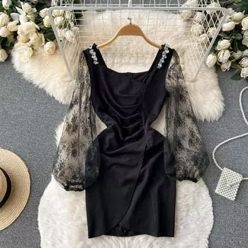 Новое осеннее платье с квадратным вырезом для похудения и вышивкой, кружевное платье с нерегулярным разрезом на бедрах