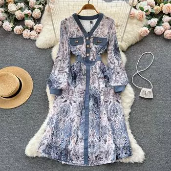 Новое осеннее платье трапециевидной формы с длинными рукавами и талией в стиле ретро, с v-образным вырезом и цветочным принтом M синий
