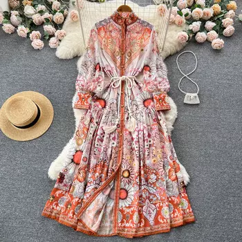 Новое осеннее платье в стиле ретро в национальном стиле с воротником-стойкой и длинными рукавами по краю с принтом