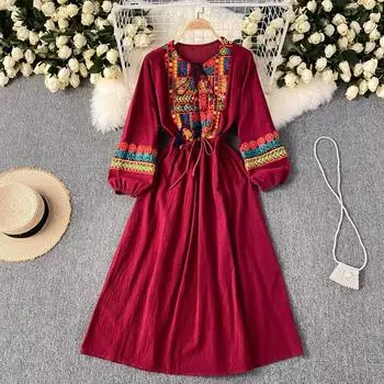 Новое осеннее платье, женские ретро-этнические платья с вышивкой для тяжелой промышленности, путешествия, отпуск, платья One Size фиолетовый
