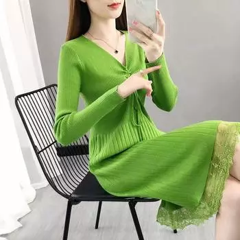 Новое осеннее платье, женское зимнее свободное платье средней длины, свитер выше колена, завязывающийся на поясе, облегающее платье-свитер, свитер с пышными рукавами L