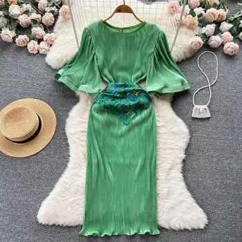 Новое осеннее платье знаменитостей во французском стиле со складками, тонкое, тонкое, с рукавами в виде листьев лотоса, на талии, на бедрах