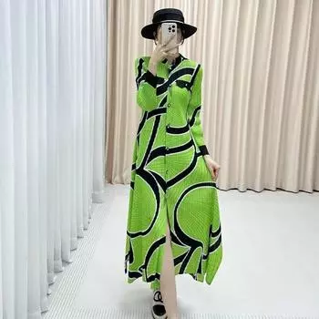 Новое осеннее плиссированное высококачественное темпераментное платье средней длины с длинными рукавами и принтом для платьев One Size синий