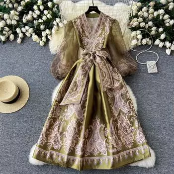 Новое осеннее праздничное платье с цветочным принтом пейсли, женское платье в стиле бохо с v-образным вырезом, рукавами-фонариками, зашнуровать карманы, цельное длинное платье XXL бежевый