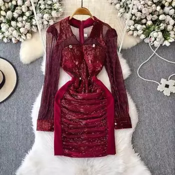 Новое осеннее ретро платье-карандаш с пайетками и лацканами, женская одежда, элегантное женское прозрачное сексуальное платье с длинным рукавом, облегающее короткое платье для вечеринки, дня рождения, платья S кларет