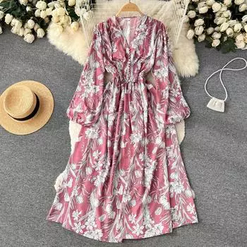 Новое осеннее шифоновое платье с цветочным оранжевым краем и нежным французским платьем трапециевидной формы длиной до колена с v-образным вырезом