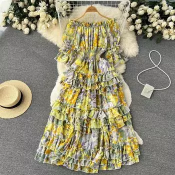 Новое осеннее сладкое и нежное платье с открытыми плечами и цветочным французским ретро-тонким платьем для торта с подолом платья One Size чёрный