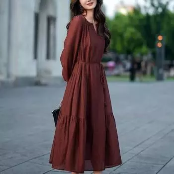 Новое осеннее стильное элегантное роскошное платье с облегающим талию фасоном, юбкой А-силуэта с длинными рукавами S