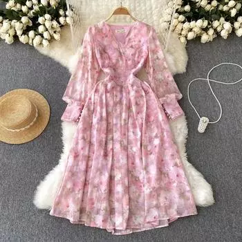 Новое осеннее темпераментное французское шифоновое платье феи с v-образным вырезом и рукавами-фонариками, облегающее талию