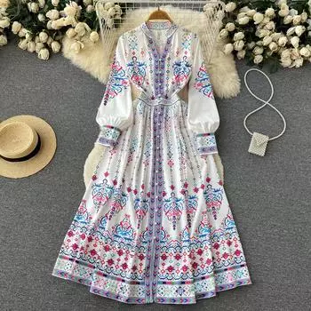 Новое осеннее весеннее платье в стиле ретро с этническим ветровым принтом и рукавами-фонариками для женщин