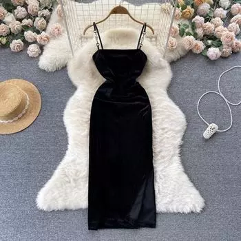 Новое осеннее золотое бархатное открытое платье с подкладкой на талии и французским темпераментом