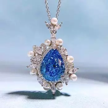 Новое ожерелье из стерлингового серебра 925 пробы с сапфиром, сверкающий бриллиантовый кулон, драгоценный камень для помолвки, свадьбы, невесты, ювелирные украшения синий