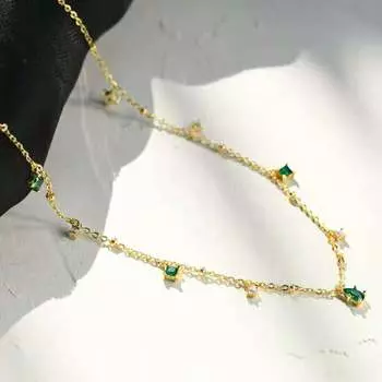 Новое ожерелье из стерлингового серебра 925 пробы с несколькими зелеными цирконами, чокер, простая и универсальная цепочка на ключицу, женская модная бижутерия 40cm золотой